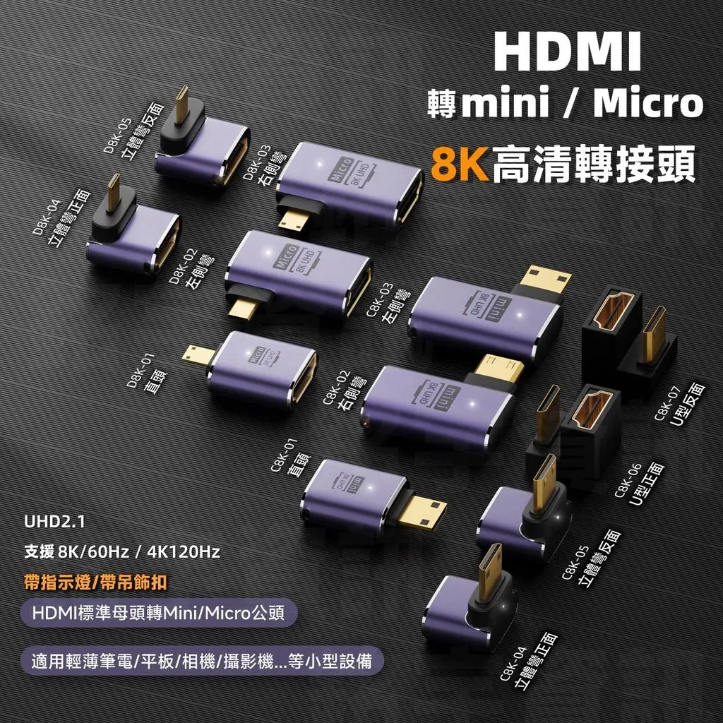HDMI 8K 標準母頭 轉Mini/Micro 公頭 高清轉接頭 8K@60Hz/4K@120Hz