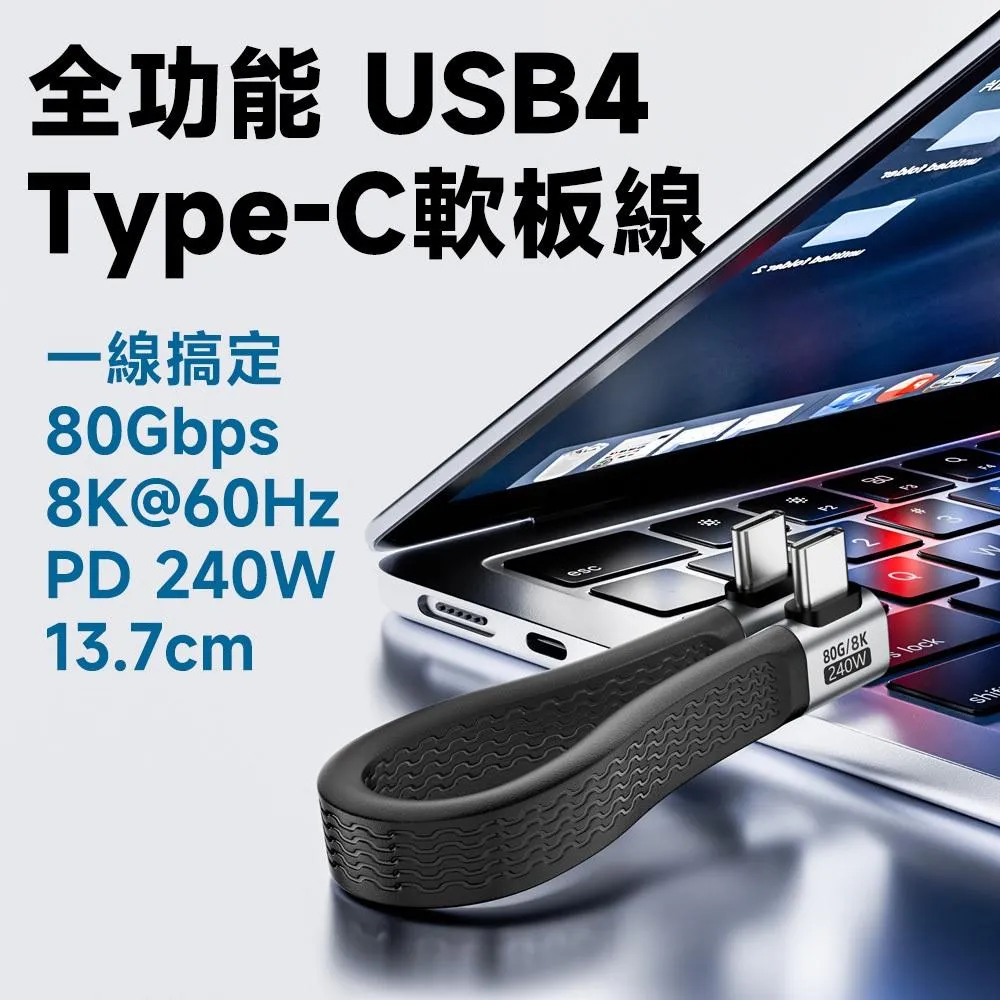 USB4.0 Type-C 雙彎頭 全功能 FPC 軟板線 ｜ 80Gbps / 240W / 8K 影音輸出