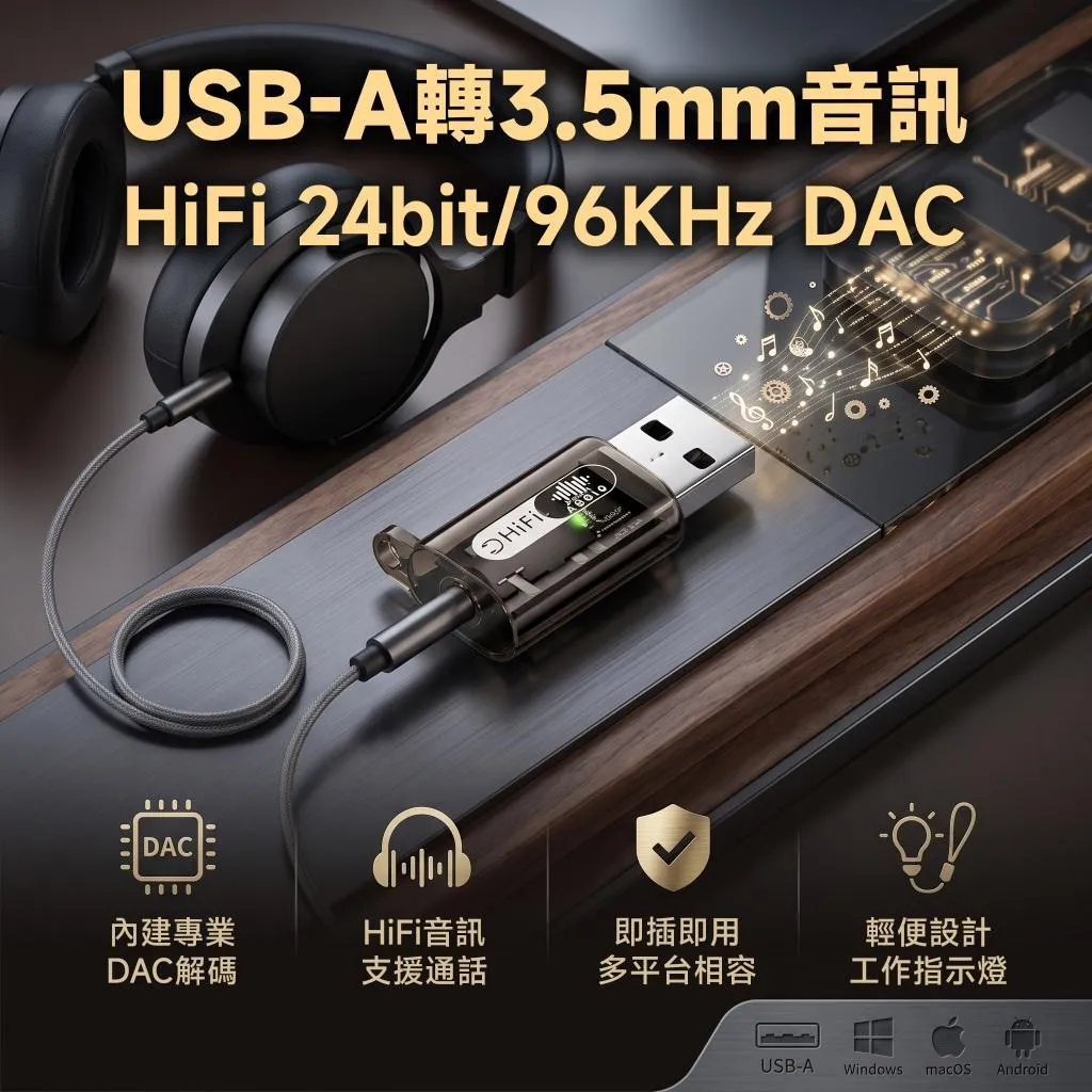 HiFi級 USB USB-A 轉3.5mm 音訊轉接頭 24bit 96kHz DAC 支援耳麥/通話
