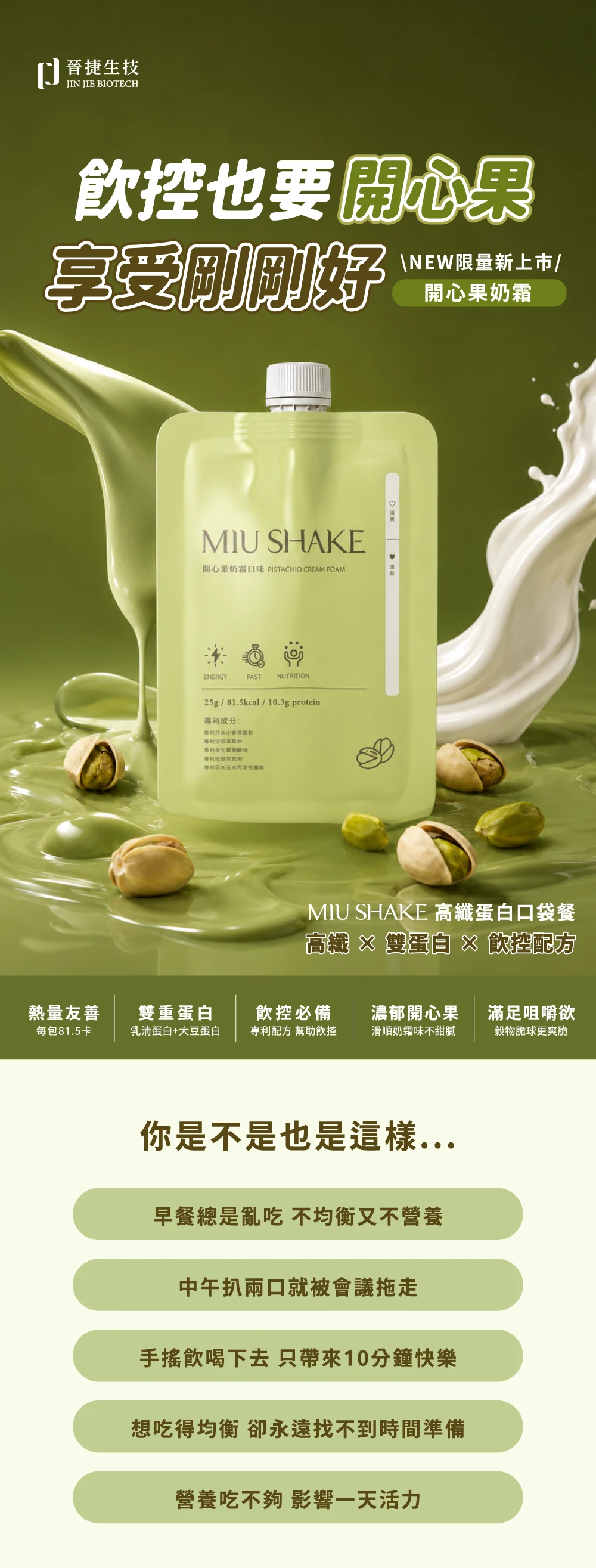晉捷生技JIN JIE BIOTECH控也要享受剛剛好\NEW限量新上市/開心果奶MIU SHAKE開心果奶霜口味 PISTACHIO CREAM FOAMENERGYFAST NUTRITION25g/81.5kcal/ 10.3g protein成分:專利MIU SHAKE 高纖蛋白口袋餐高纖  雙蛋白 × 控配方熱量友善雙重蛋白控必備每包81.5卡乳清蛋白+大豆蛋白專利配方 幫助控滑順奶霜味不甜膩濃郁開心果 滿足咀嚼欲穀物脆球更爽脆你是不是也是這樣...早餐總是亂吃不均衡又不營養中午扒就被會議拖走手搖飲喝下去 只帶來10分鐘快樂想吃得均衡 卻永遠找不到時間準備營養吃不夠 影響一天活力