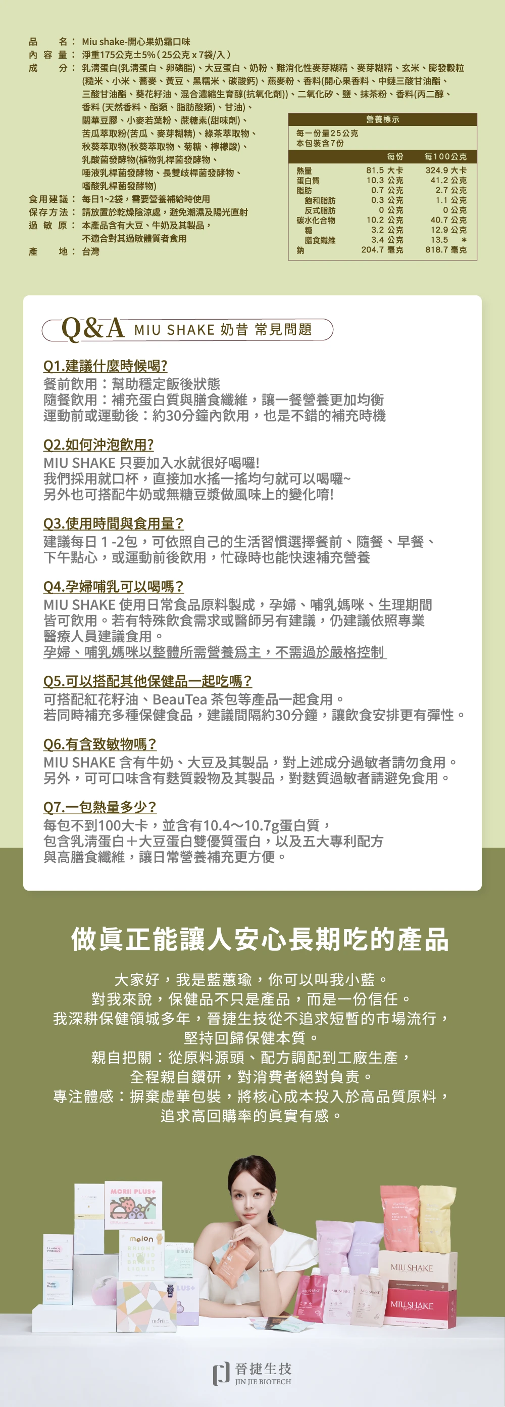 名 Miu shake-開心果奶霜口味 容 量: 淨重15公克5%(25公克x7袋/入)分: 乳清蛋白(乳清蛋白、卵磷脂)、大豆蛋白、奶粉、難消化性麥芽糊精、麥芽糊精、玄米、膨發穀粒(糙米、小米、蕎麥、黃豆、黑糯米、碳酸鈣)、燕麥粉、香料(開心果香料、中鏈三酸甘油酯、三酸甘油酯、葵花籽油、混合濃縮生育醇(抗氧化劑))、二氧化矽、鹽、抹茶粉、香料(丙二醇、香料(天然香料、酯類、脂肪酸類)、甘油)、關華豆膠、小麥若葉粉、蔗糖素(甜味劑)、苦瓜萃取粉(苦瓜、麥芽糊精)、綠茶萃取物、秋葵萃取物(秋葵萃取物、菊糖、檸檬酸)、乳酸菌發酵物(植物乳桿菌發酵物、營養標示每一份量25公克本包裝含7份每份每100公克唾液乳桿菌發酵物、長雙歧桿菌發酵物、嗜酸乳桿菌發酵物)熱量蛋白質脂肪81.5 大卡324.9 大卡10.3 公克41.2公克0.7公克2.7公克食用建議: 每日1~2袋,需要營養補給時使用飽和脂肪0.3公克1.1公克保存方法: 請放置於乾燥陰涼處,避免潮濕及陽光直射過敏原:本品含有大豆、牛奶及其製品,反式脂肪0公克0公克碳水化合物10.2公克40.7公克糖3.2公克12.9公克不適合對其過敏體質者食用產 地: 台灣膳食纖維鈉3.4公克13.5*204.7毫克818.7 毫克Q&A  SHAKE 奶昔 常見問題Q1.建議什麼時候喝?餐前飲用:幫助穩定飯後狀態隨餐飲用:補充蛋白質與膳食纖維,讓一餐營養更加均衡運動前或運動後:約30分鐘飲用,也是不錯的補充時機Q2.如何沖泡飲用?MIU SHAKE 只要加入水就很好喝囉!我們採用就口杯,直接加水一就可以喝囉~另外也可搭配牛奶或無糖豆漿做風味上的變化唷!Q3.使用時間與食用量?建議每日1-2包,可依照自己的生活習慣選擇餐前、隨餐、早餐、下午點心,或運動前後飲用,忙碌時也能快速補充營養Q4.孕婦哺乳可以喝嗎?MIU SHAKE 使用日常食品原料製成,孕婦、哺乳媽咪、生理期間皆可飲用。若有特殊飲食需求或醫師另有建議,仍建議依照專業醫療人員建議食用。孕婦、哺乳媽咪以整體所需營養,不需過於嚴格控制Q5.可以搭配其他保健品一起吃嗎?可搭配紅花籽油、Beau Tea 茶包等產品一起食用。若同時補充多種保健食品,建議間隔約30分鐘,讓飲食安排更有彈性。Q6.有含致敏物嗎?MIU SHAKE 含有牛奶、大豆及其製品,對上述成分過敏者請勿食用。另外,可可口味含有質穀物及其製品,對麩質過敏者請避免食用。Q7.一包熱量多少?每包不到100大卡,並含有10.4~10.7g蛋白質,包含乳清蛋白大豆蛋白雙優質蛋白,以及五大專利配方與高膳食纖維,讓日常營養補充更方便。做真正能讓人安心長期吃的產品大家好,我是藍蕙瑜,你可以叫我小藍。對我來說,保健品不只是產品,而是一份信任。我深耕保健領城多年,晉捷生技從不追求短暫的市場流行,堅持回歸保健本質。親自把關:從原料源頭、配方調配到工廠生產,全程親自鑽研,對消費者絕對負責。專注體感:摒棄華包裝,將核心成本投入於高品質原料,追求高回購率的眞實有感。MORII PLUSmelonBRIGHTLIQUID LUS+MIU SHAKE晉捷生技JIN JIE BIOTECHMIU SHAKEMIU SHAKE