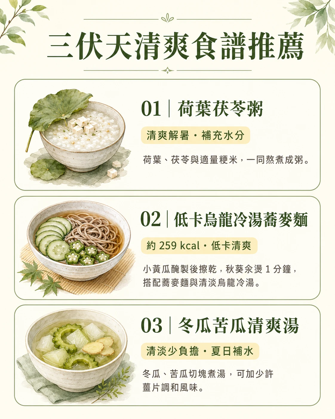 三伏天清爽食譜荷葉茯苓粥低卡烏龍冷湯蕎麥麵冬瓜苦瓜清爽湯