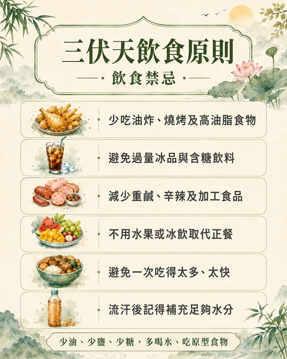三伏天飲食禁忌少油炸燒烤少冰品含糖飲料少重鹹辛辣加工食品