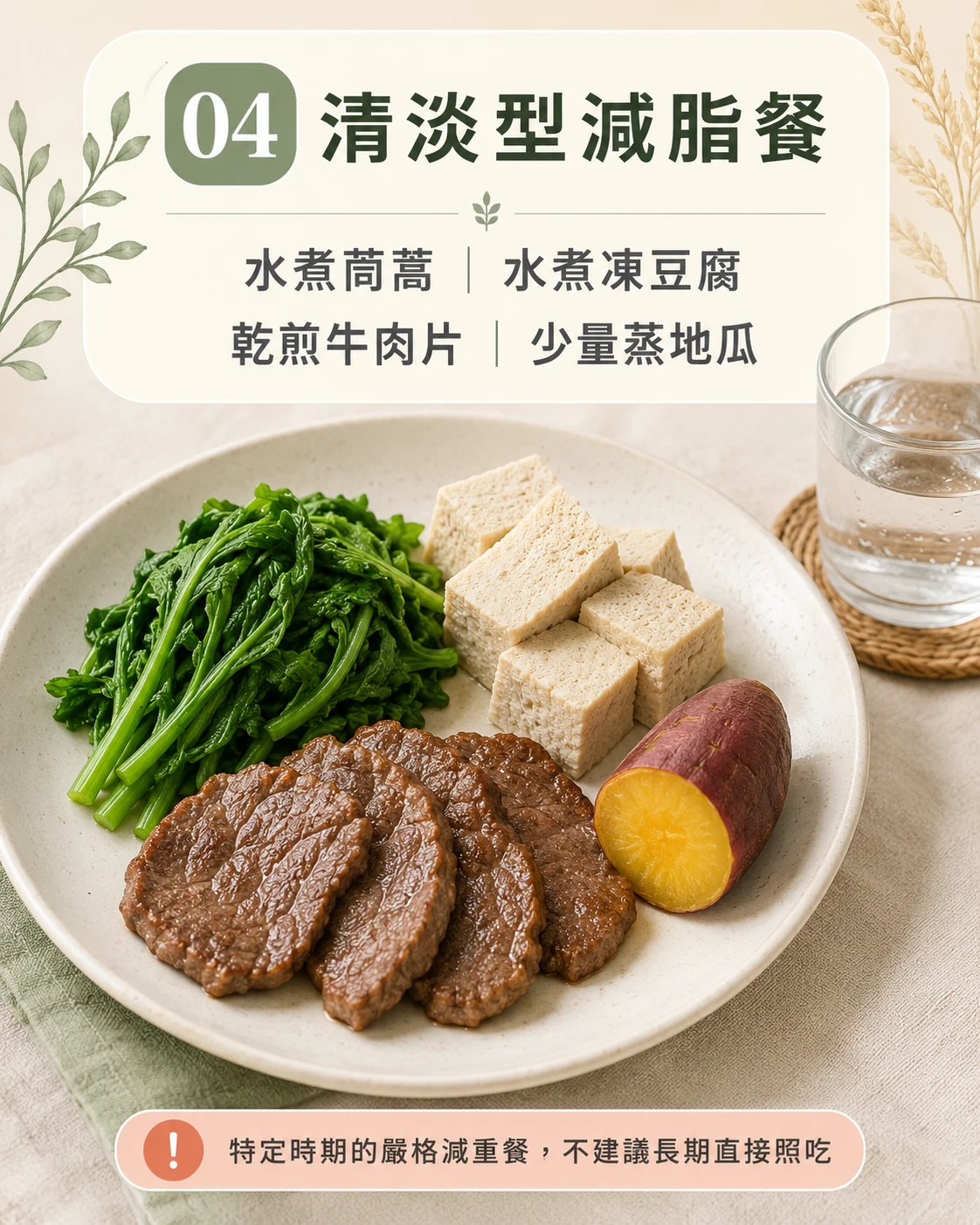 清淡型減脂餐 水煮茼蒿凍豆腐乾煎牛肉片地瓜