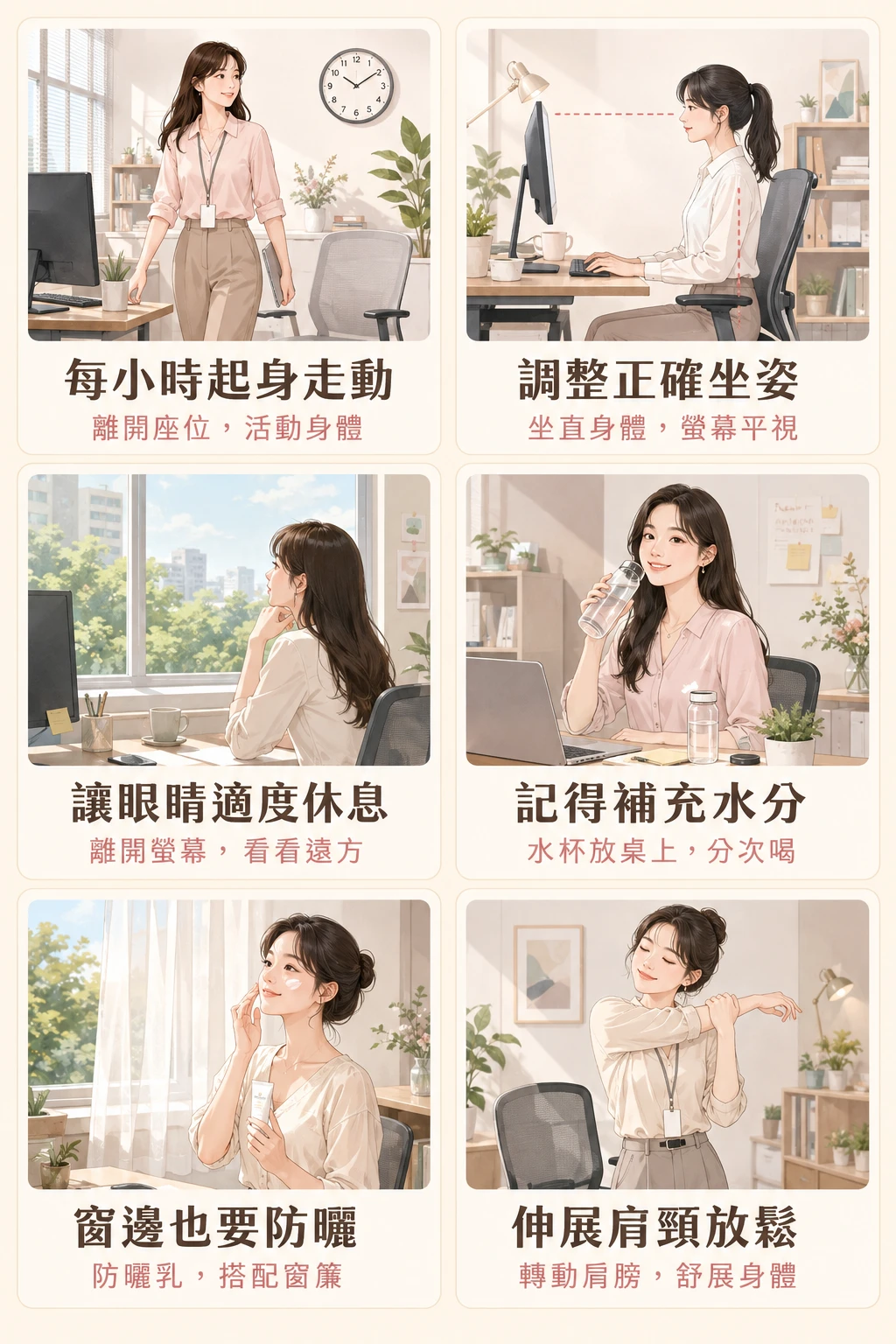 上班族抗老清單：坐姿補水防曬伸展