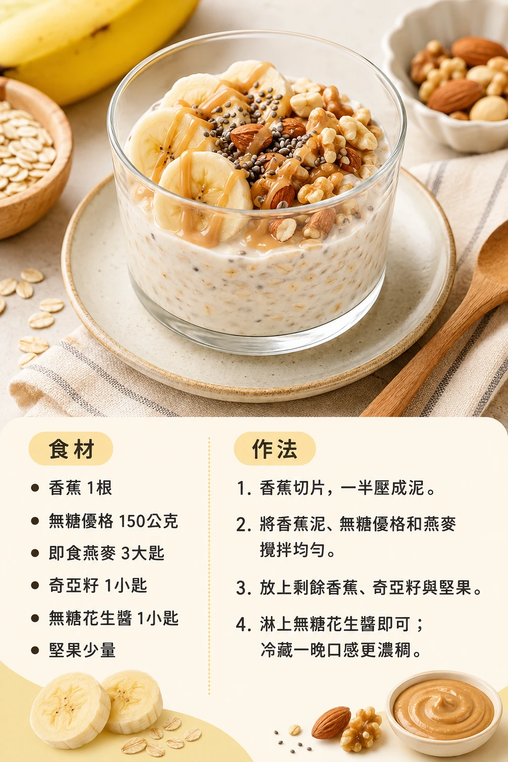 高鉀早餐 香蕉花生醬燕麥杯 免烹煮隔夜燕麥