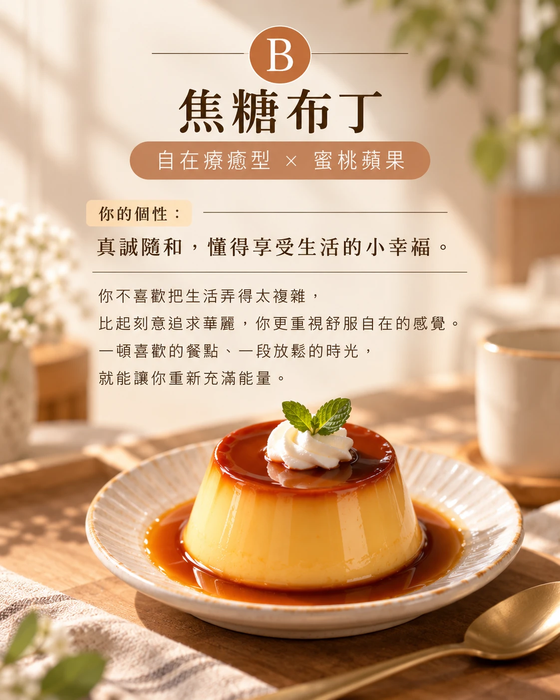 甜點心理測驗 B 焦糖布丁｜自在療癒型個性，適合搭配 BeauTea 蜜桃蘋果果乾水