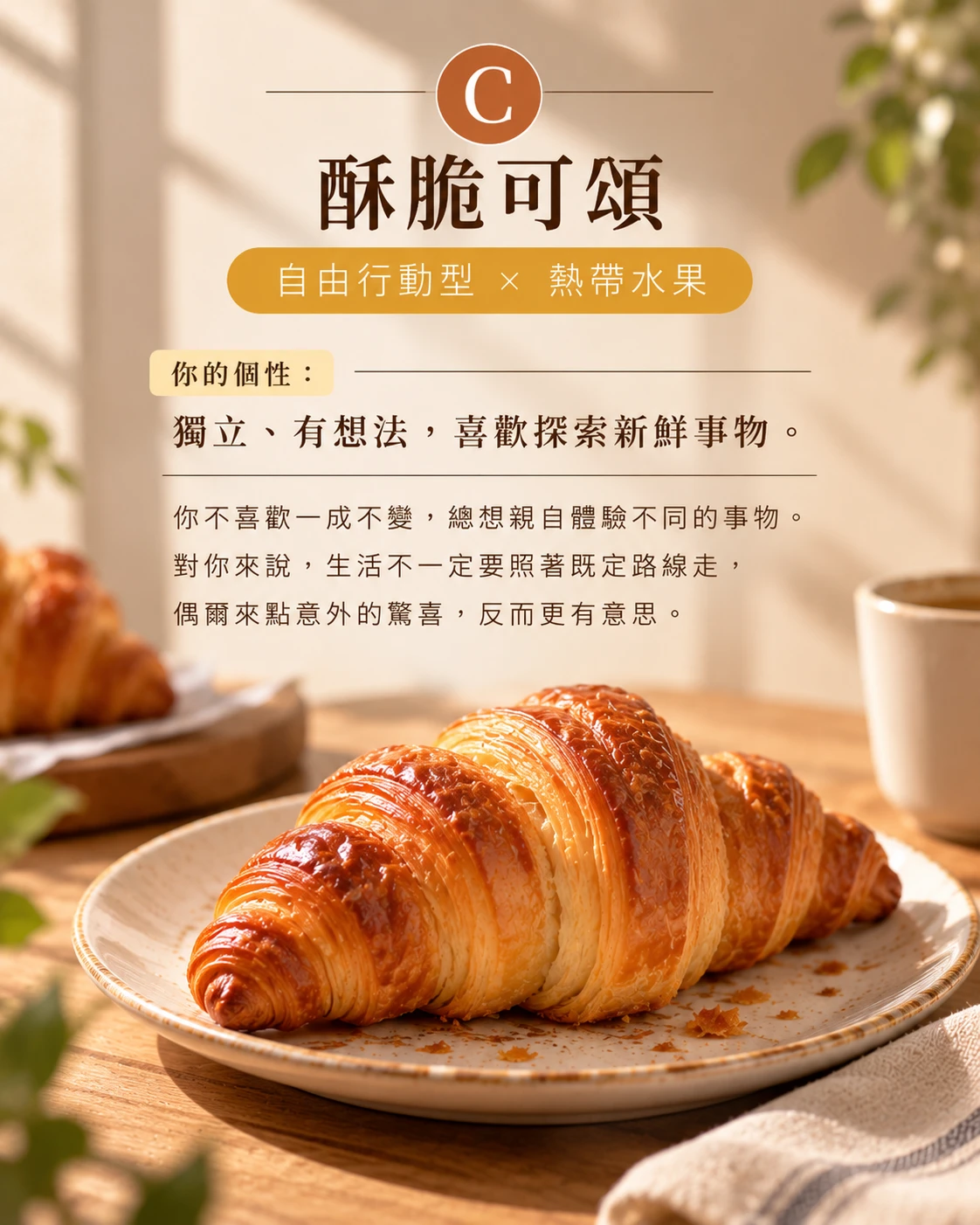 甜點心理測驗 C 酥脆可頌｜自由行動型個性，適合搭配 BeauTea 熱帶水果果乾水