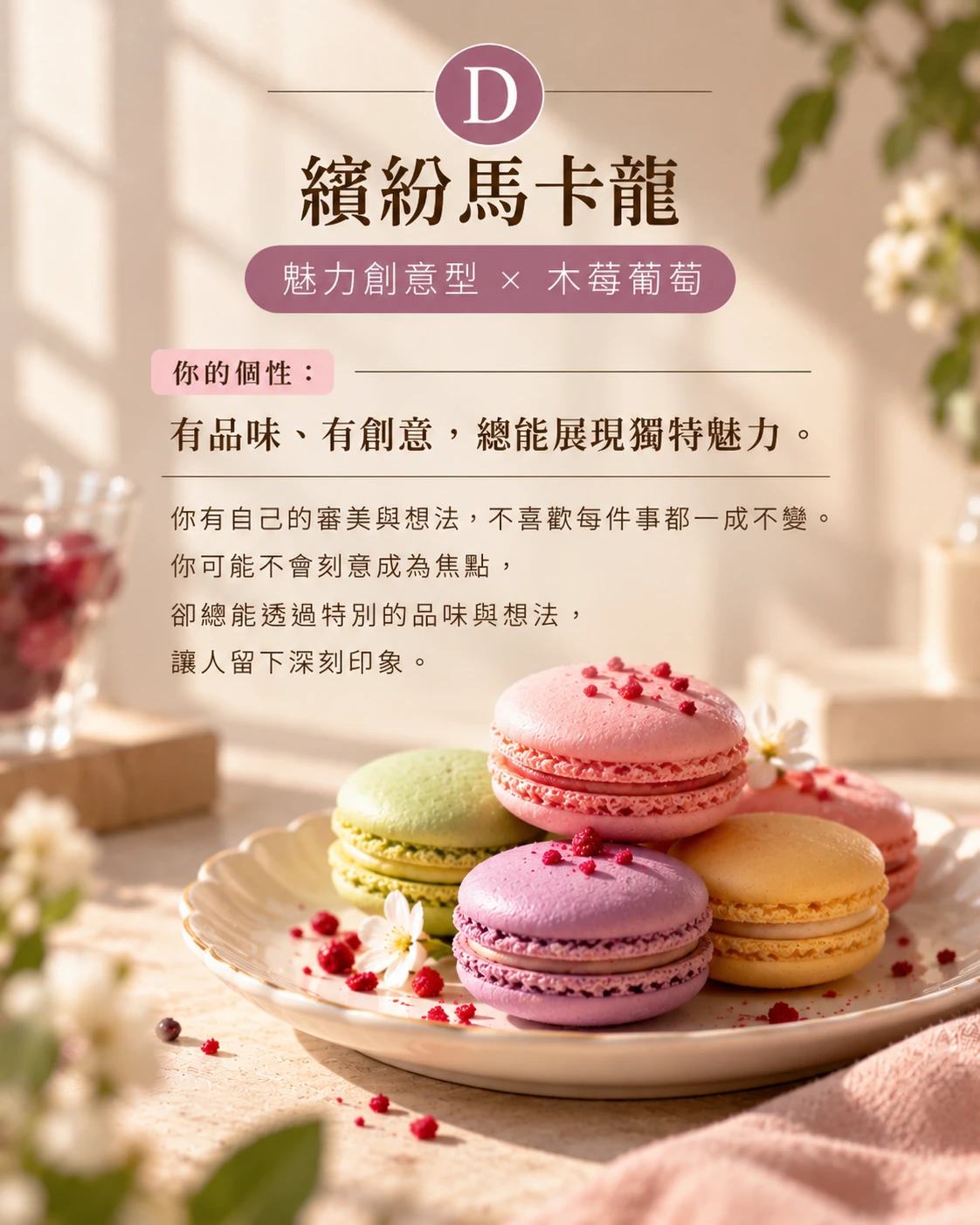 甜點心理測驗 D 繽紛馬卡龍｜魅力創意型個性，適合搭配 BeauTea 木莓葡萄果乾水