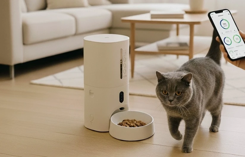自動餵食器讓飼主即使外出，也能透過手機遠端設定餵食時間與份量，保持毛孩飲食健康。
