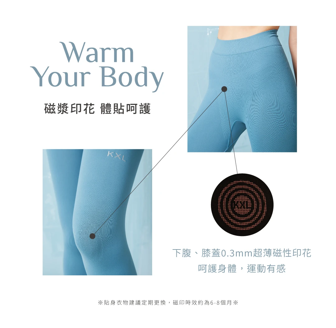 專業版閃電褲EX-磁漿印花體貼呵護，下腹、膝蓋添加0.3mm超薄磁漿印花，無異物感、呵護身體運動有感。貼身衣物建議定期更換，磁漿印花時效約6至8個月｜KXL Taiwan 愷路