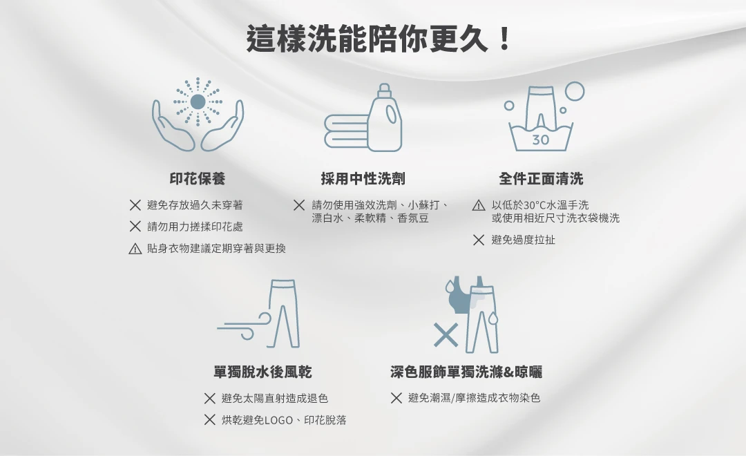 專業版閃電褲EX-清洗說明，這樣洗能陪你更久。印花保養-避免存放過久未穿著、請勿用力搓揉印花處、貼身衣物建議定期穿著與更換。採用中性洗劑-請勿使用強效洗劑、小蘇打、 漂白水、柔軟精、香氛豆。全件正面清洗-以低於30&deg;C水溫手洗，或使用相近尺寸洗衣袋機洗、避免過度拉扯。單獨脫水後風乾-避免太陽直射造成退色、烘乾避免LOGO與印花脫落。深色服飾單獨洗滌&晾曬-避免潮濕/摩擦造成衣物染色。｜KXL Taiwan 愷路