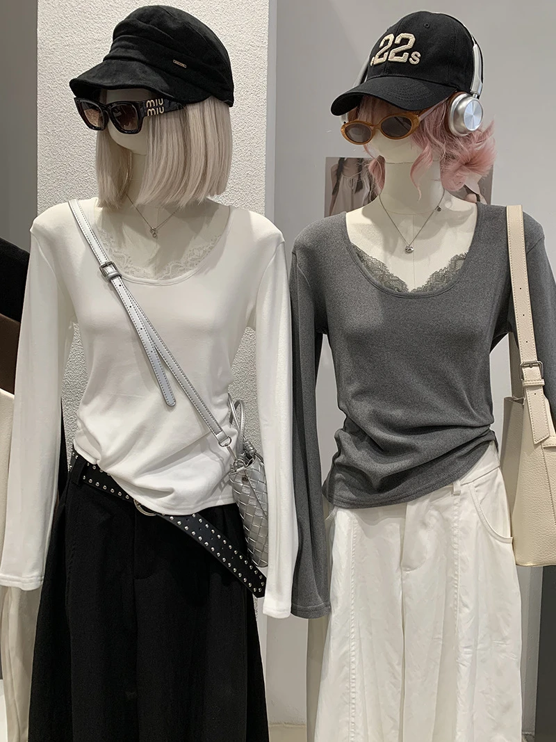 假蕾絲拼接素色上衣 預購9393#