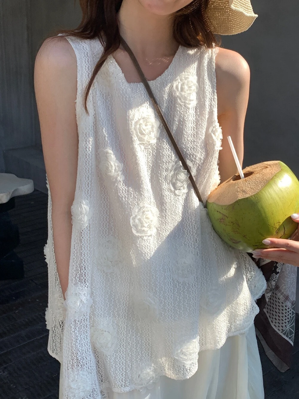 法式花花假兩件洋裝
