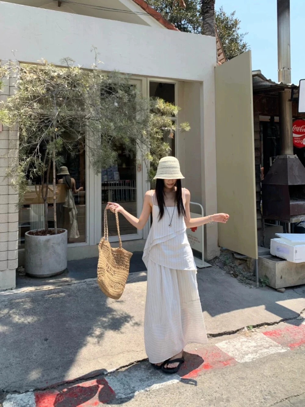 度假風慵懶吊帶不規則背心上衣+寬鬆半身裙兩件套夏減齡顯瘦套裝