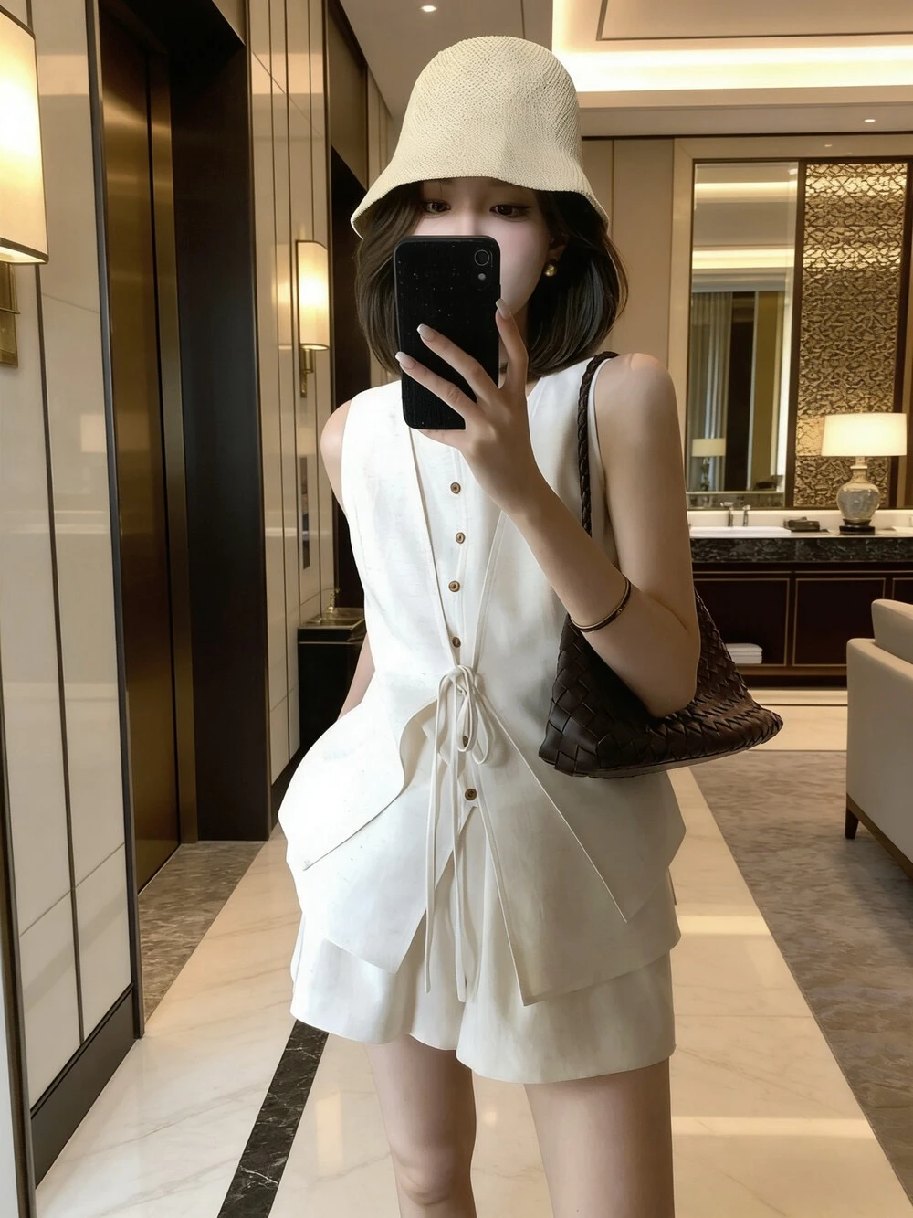 老錢風棉麻上衣+休閒短褲套裝