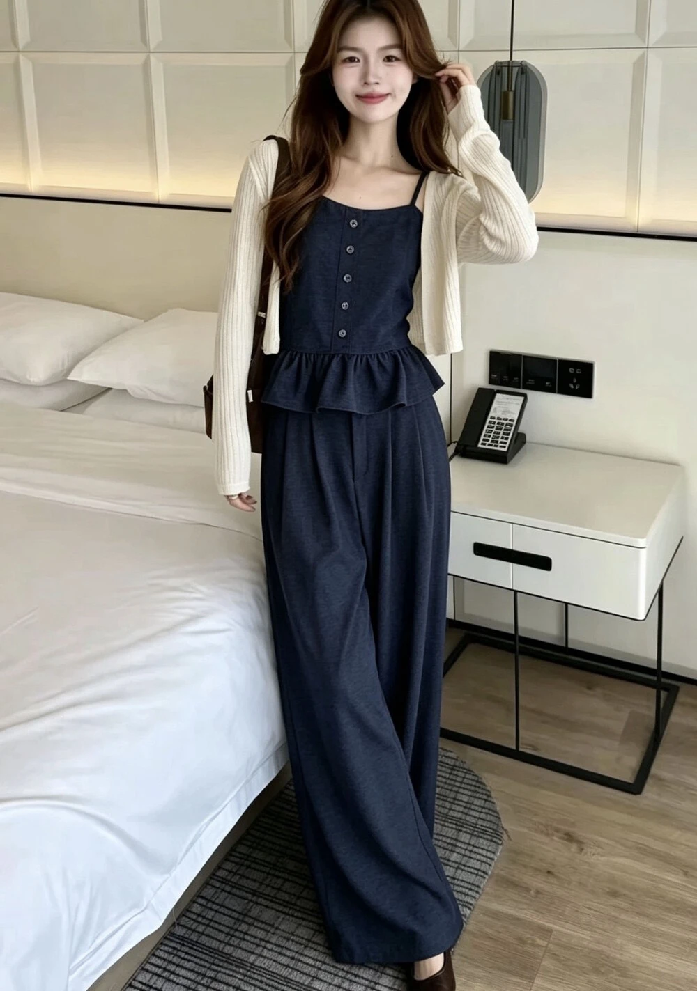 甜美針織衫+花擺背心+寬褲三件組
