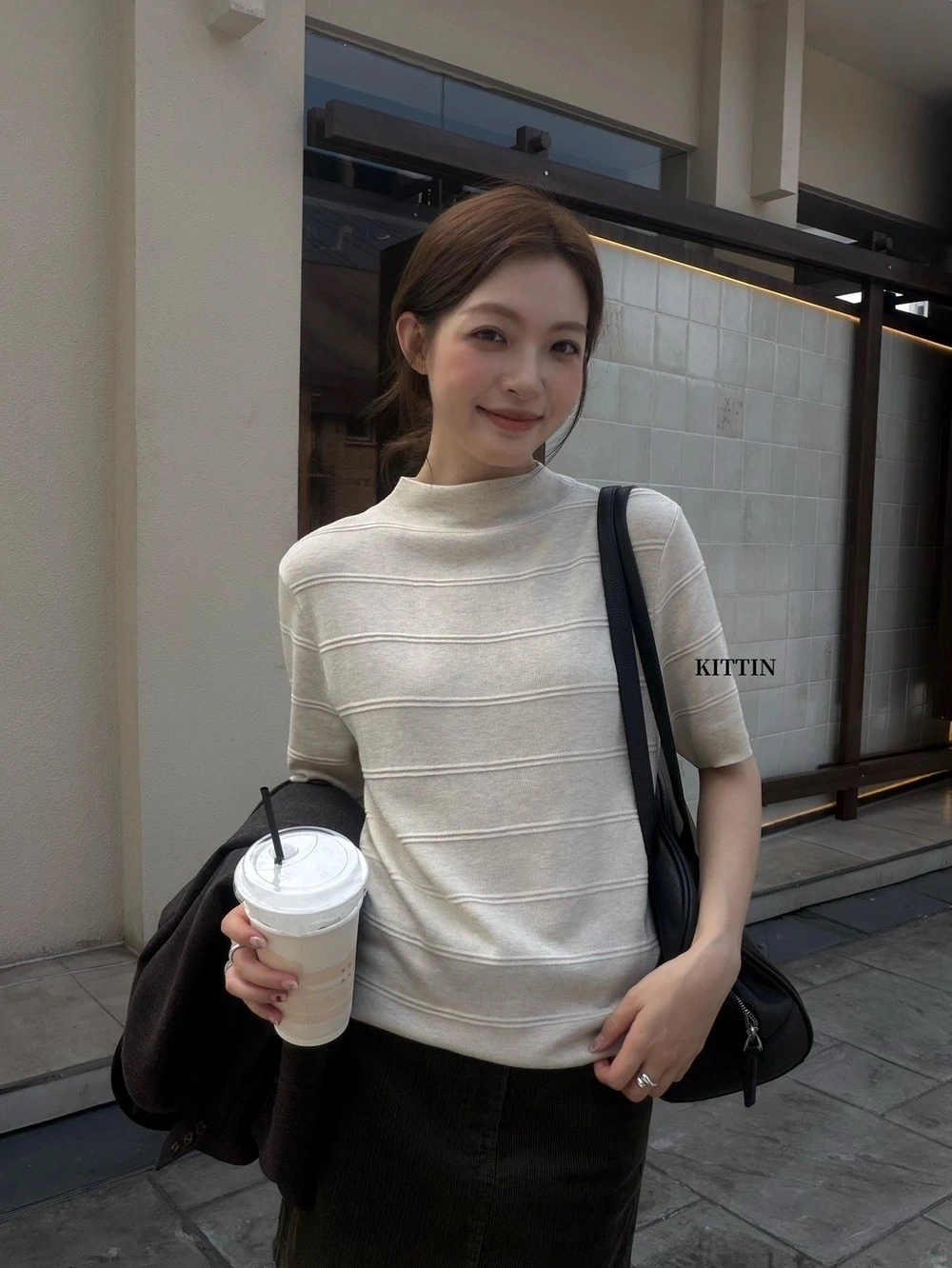 韓系彈力坑條半高領針織衫