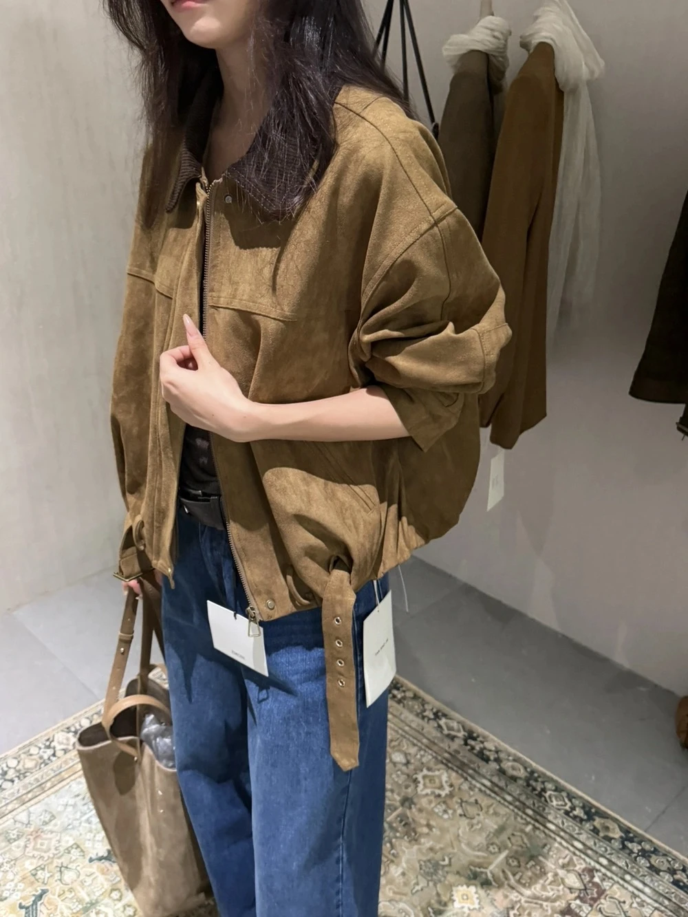 麂皮燈芯绒拼接短外套