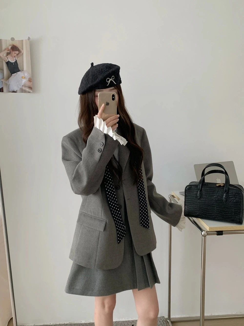 韓系袖口拼摺西裝外套+短裙套裝組