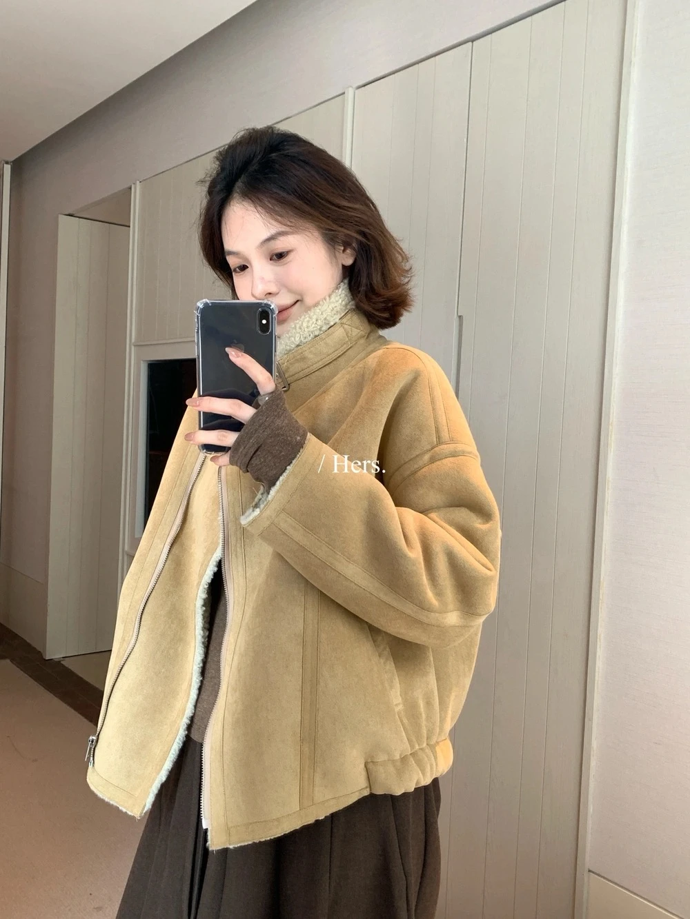 復古立領內裡毛絨外套 #66929