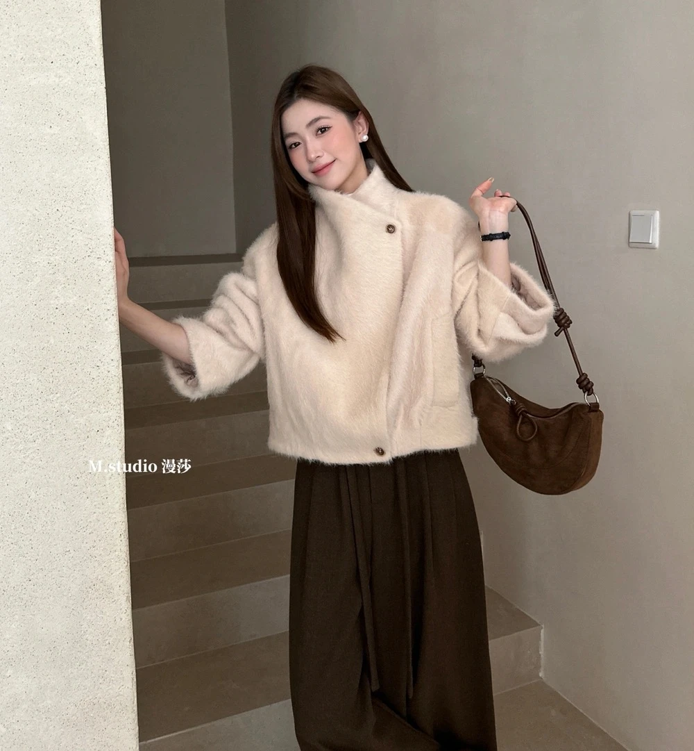 斜扣立領兩穿拉毛短外套T8859#