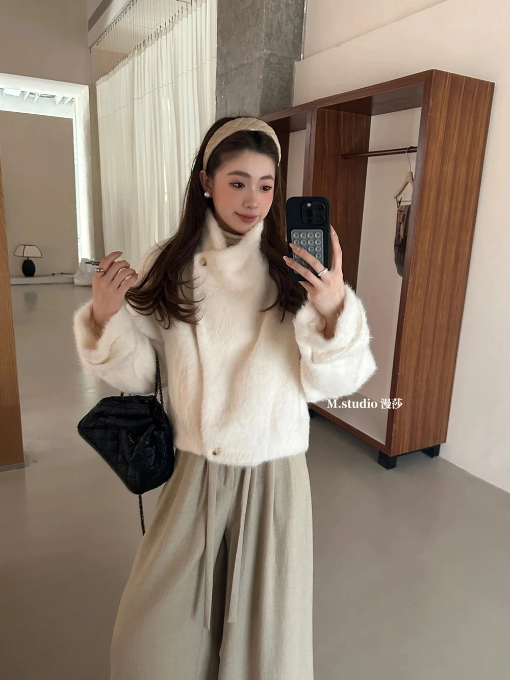 斜扣立領兩穿拉毛短外套T8859#