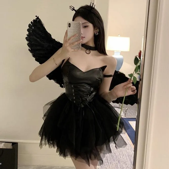 °• 𝘔𝘖𝘔𝘖𝘕𝘈 •°🫧現貨🫰黑夜魅姬 時尚辣妹性感皮裙暗黑綁帶收腰拼接網紗蓬蓬裙抹胸連衣裙 4140