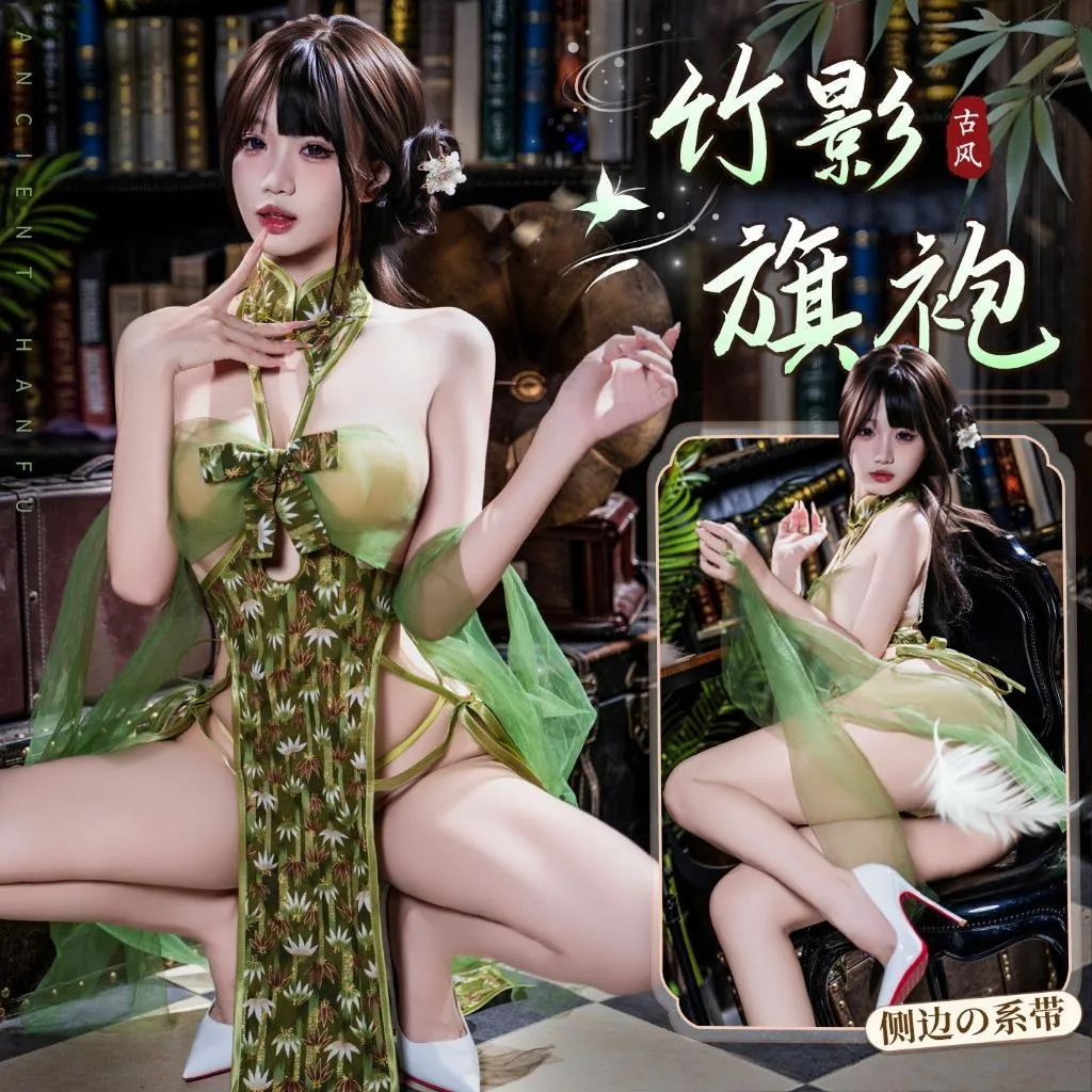 °• 𝘔𝘖𝘔𝘖𝘕𝘈 •°🫧現貨🫰竹影旗袍緹 古風·霧翠纏腰篇 性感盤扣立領側邊繫帶輕薄柔紗青蛇旗袍 性感睡衣100542