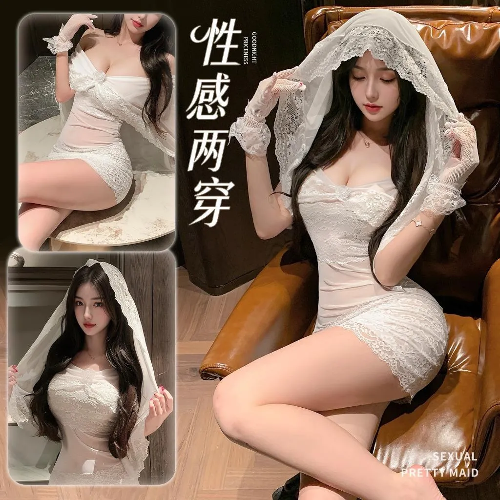°• 𝘔𝘖𝘔𝘖𝘕𝘈 •°🫧現貨🫰純白破戒 蕾絲兩穿貼身睡裙 透視引誘兩穿斗篷洋裝透視蕾絲性感調情包臀新娘套裝ZY59