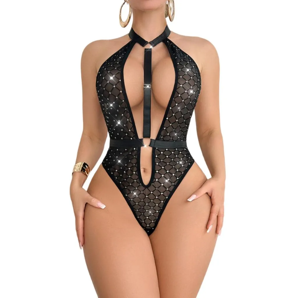 °• 𝘔𝘖𝘔𝘖𝘕𝘈 •°🫧現貨🫰慾權上線 亮鑽 閃鑽 紋理 綑綁風 BDSM 吊帶貼身露背免脫 性感睡衣 連體衣9576