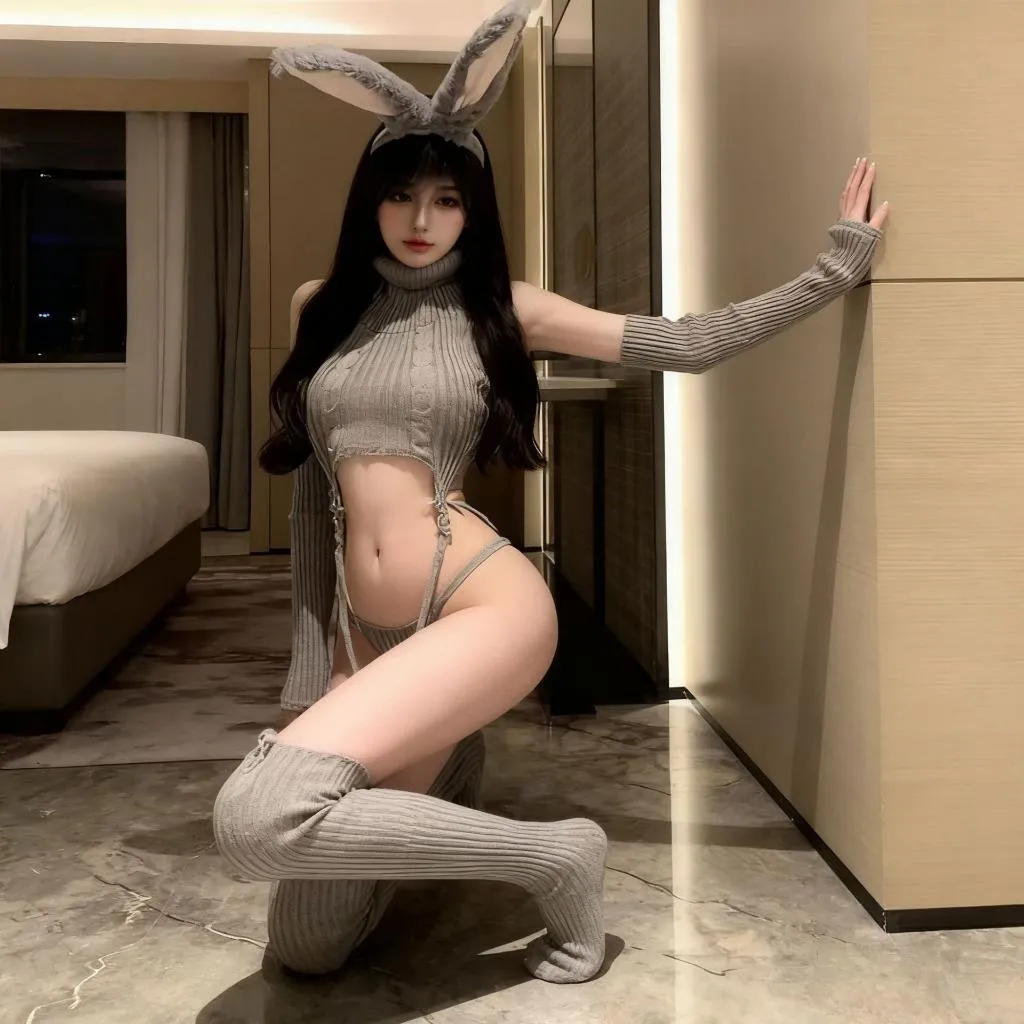 °• 𝘔𝘖𝘔𝘖𝘕𝘈 •°🫧現貨🫰兔兔已解鎖 日系二次元高領露背綁帶毛衣兔女郎免脫針織套裝 吊襪帶 性感睡衣 W14