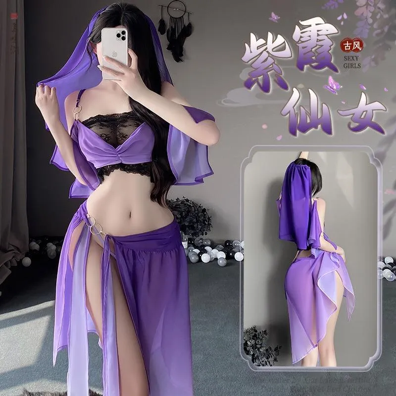 °• 𝘔𝘖𝘔𝘖𝘕𝘈 •°🫧現貨🫰紫霞仙女 內衣肚兜 漢服 性感蕾絲薄紗透視開叉古風套裝 2427