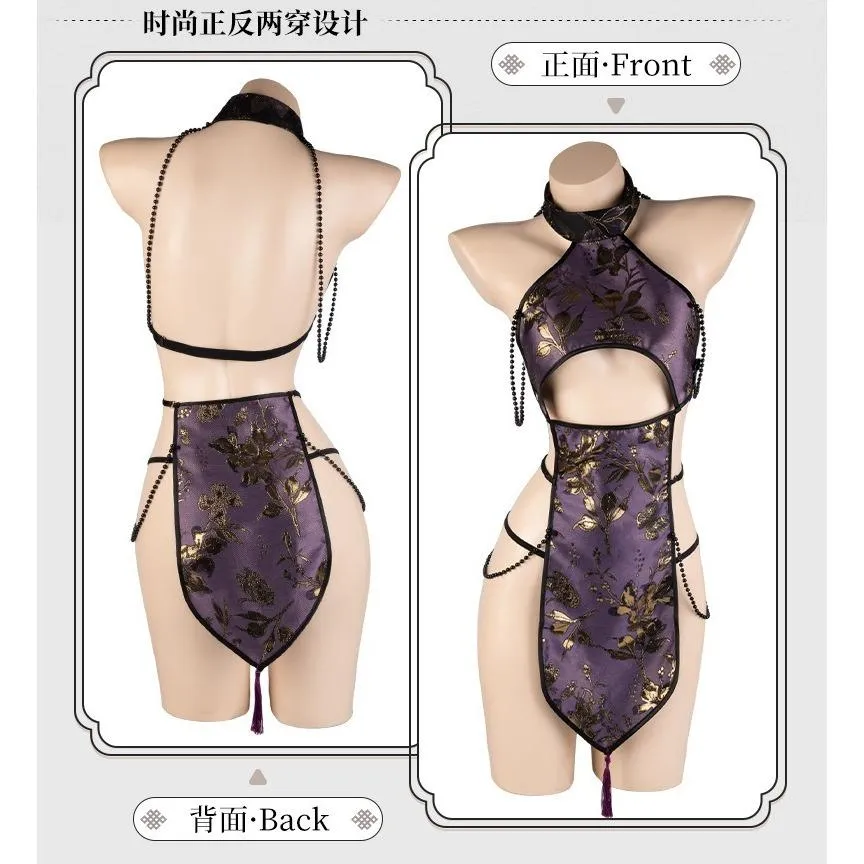 °• 𝘔𝘖𝘔𝘖𝘕𝘈 •°🫧現貨🫰霧紫藏香 正反兩穿 串珠 性感美背性感鏤空分片製服古典旗袍 性感睡衣 100497