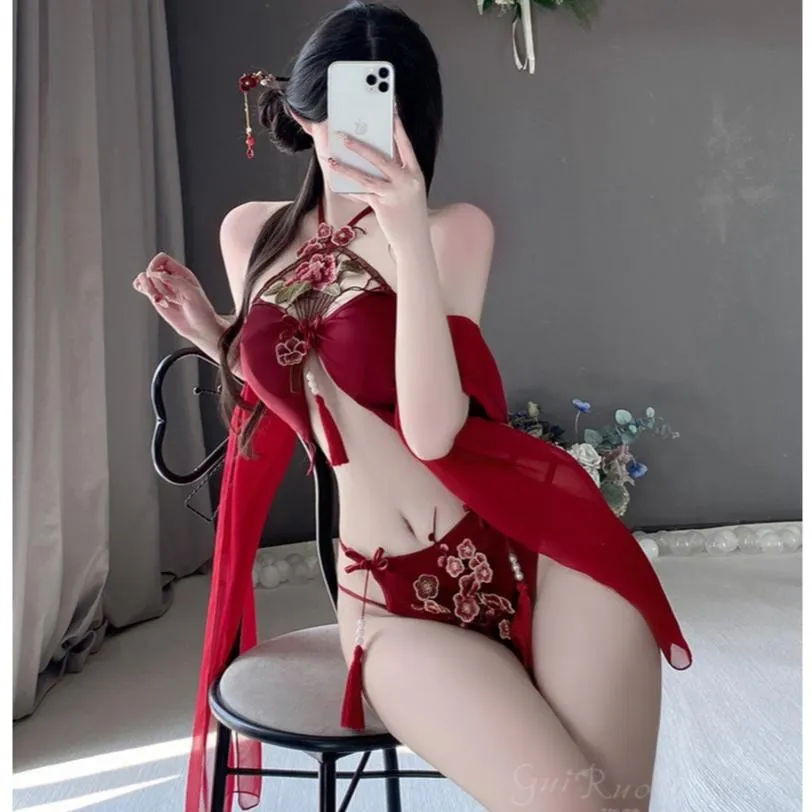 °• 𝘔𝘖𝘔𝘖𝘕𝘈 •°🫧現貨🫰嫣紅古韻  肚兜妖姬復古盤扣透紗旗袍網紗漢服cos制服 性感睡衣1091