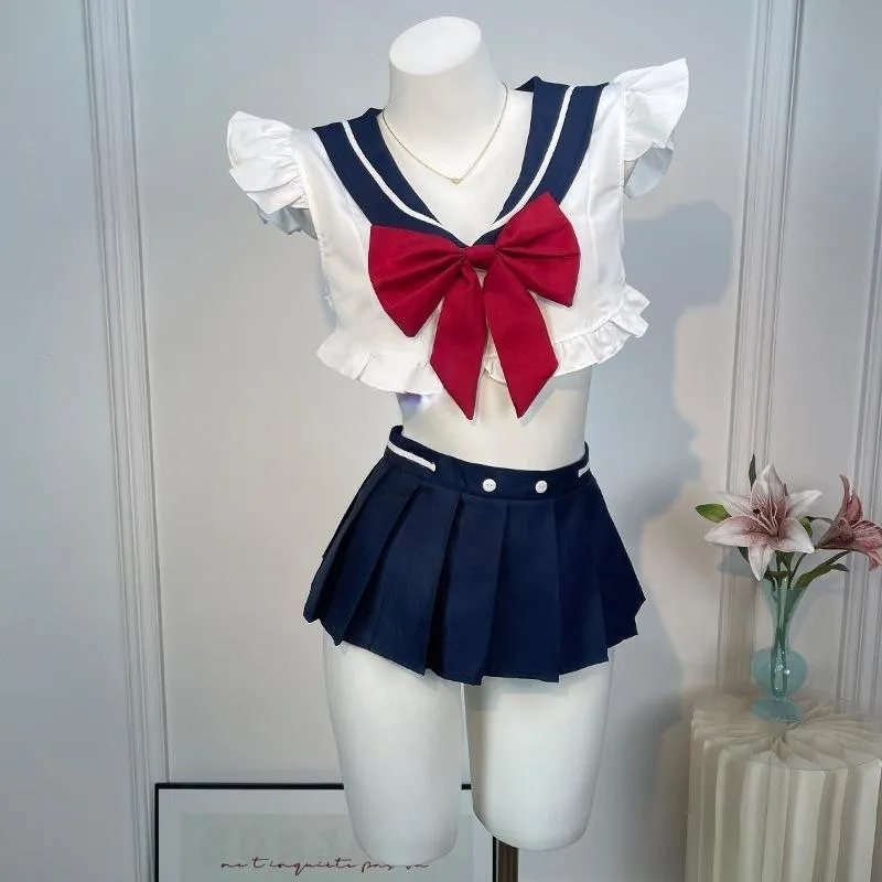 °• 𝘔𝘖𝘔𝘖𝘕𝘈 •°🫧現貨🫰星月學妹 水手服情趣內衣紅蝴蝶結露腰百褶短裙純欲甜美學院風套裝 性感睡衣學生服9523