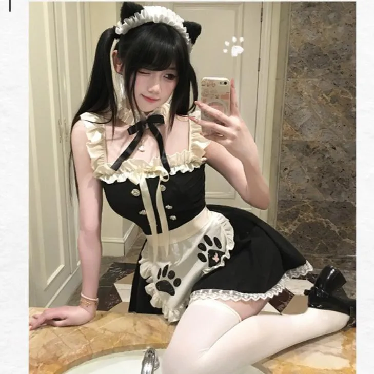 °• 𝘔𝘖𝘔𝘖𝘕𝘈 •°🫧現貨🫰喵嗚侍女 純欲風情趣內衣性感甜美小女僕吊帶睡裙誘惑免脫貓女郎性感睡衣9780