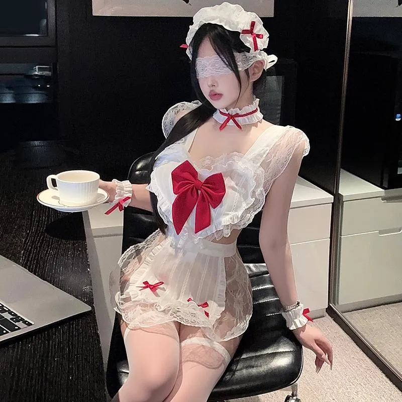 °• 𝘔𝘖𝘔𝘖𝘕𝘈 •°🫧現貨🫰病嬌甜心 蕾絲透視女僕裝 紅白蝴蝶結 主人的專屬秘書 角色扮演 性感睡衣 戰袍1504