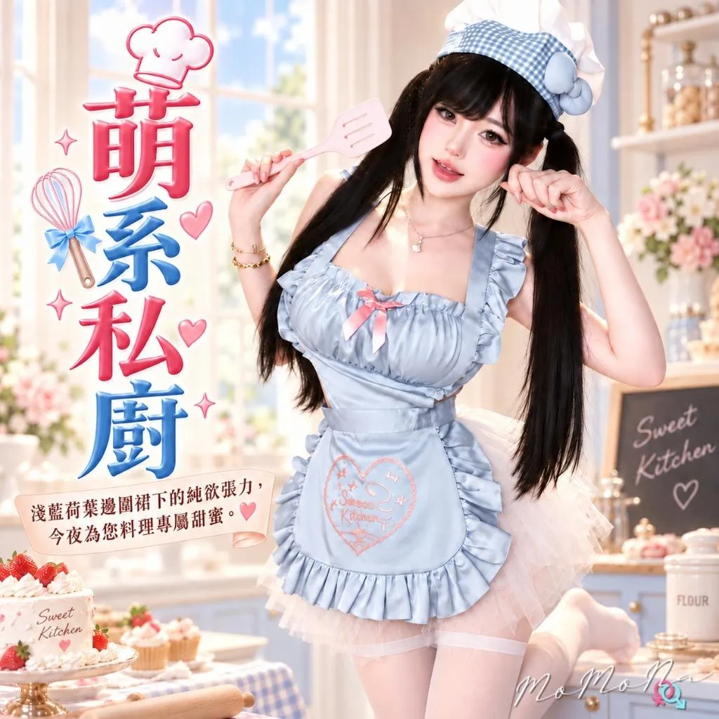 °• 𝘔𝘖𝘔𝘖𝘕𝘈 •°🫧現貨🫰萌系私廚 情趣內衣 性感睡衣 純欲 緞面藍刺繡雙面女僕洛麗塔圍裙 LOLITA 9792