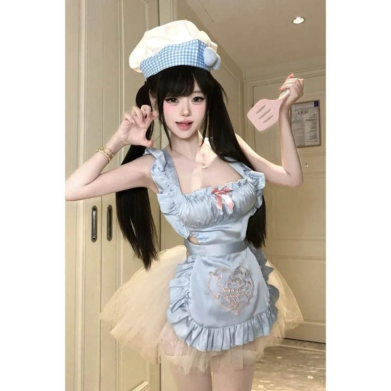 °• 𝘔𝘖𝘔𝘖𝘕𝘈 •°🫧現貨🫰萌系私廚 情趣內衣 性感睡衣 純欲 緞面藍刺繡雙面女僕洛麗塔圍裙 LOLITA 9792