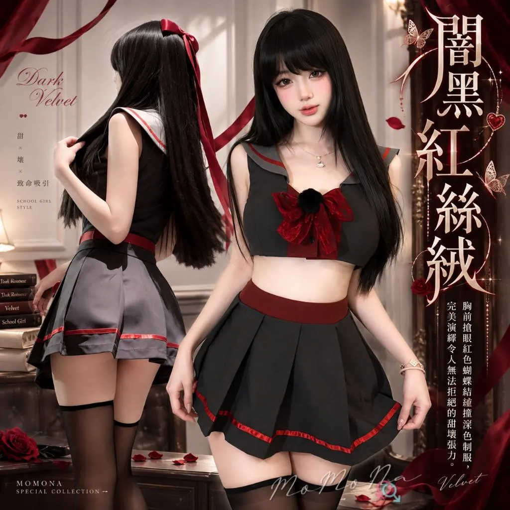 °• 𝘔𝘖𝘔𝘖𝘕𝘈 •°🫧現貨🫰闇黑紅絲絨  jk短裙套裝 睡衣 內衣 學生服 學生裝 JK服性感睡衣情趣內衣T1103