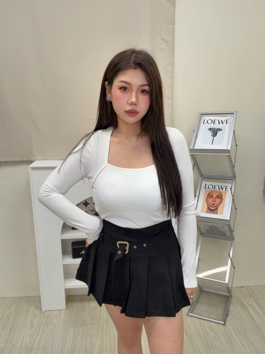 6795 方框腰帶百褶短裙