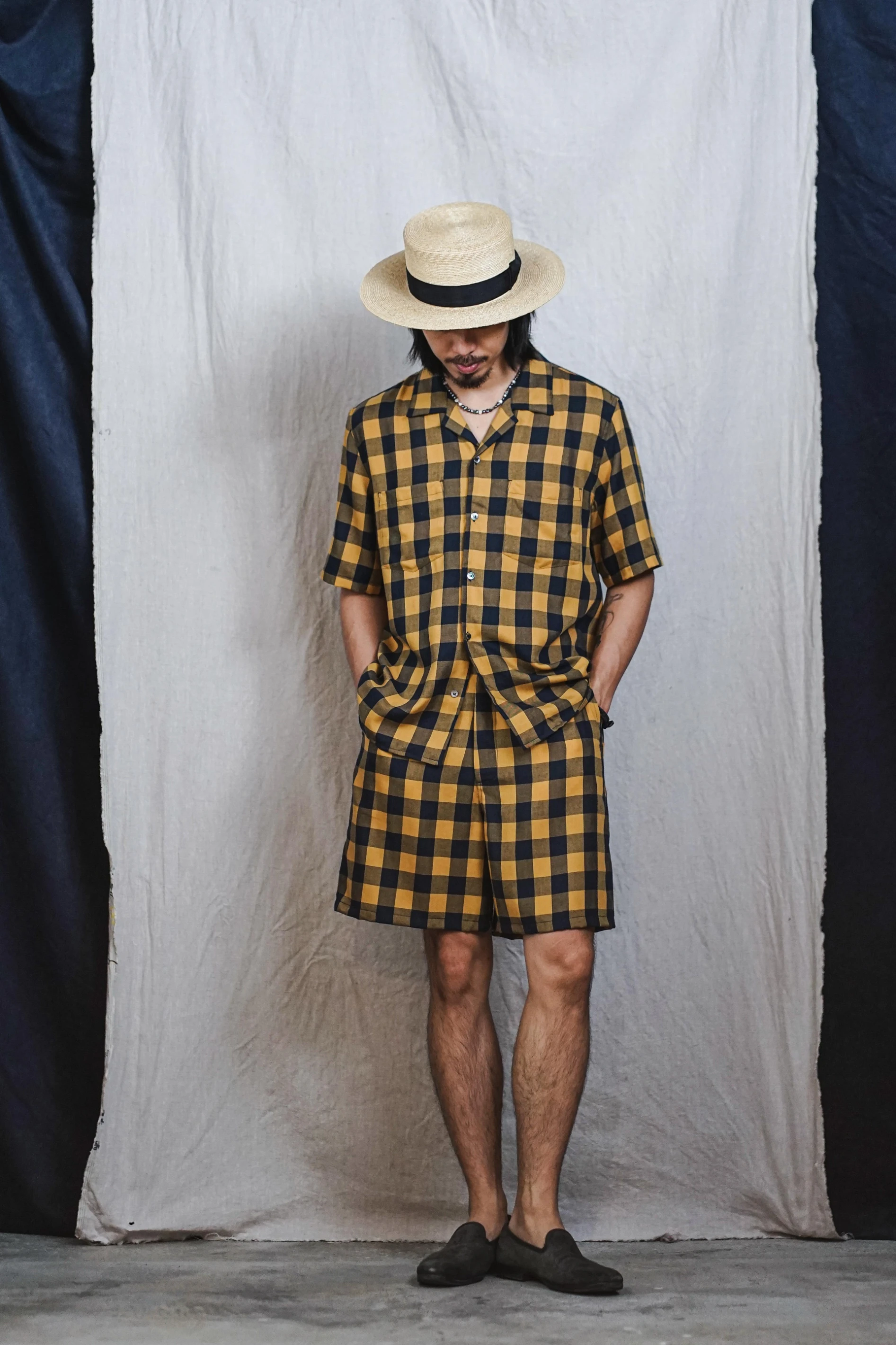 follyclub - Yellow Buffalo Plaid Knee Shorts