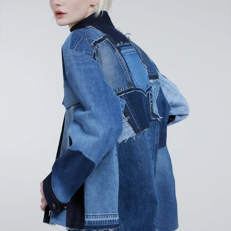 STORYWEAR-手工丹寧立領口袋拼貼夾克