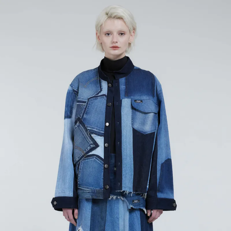 Storywear-手工丹寧立領口袋拼貼夾克