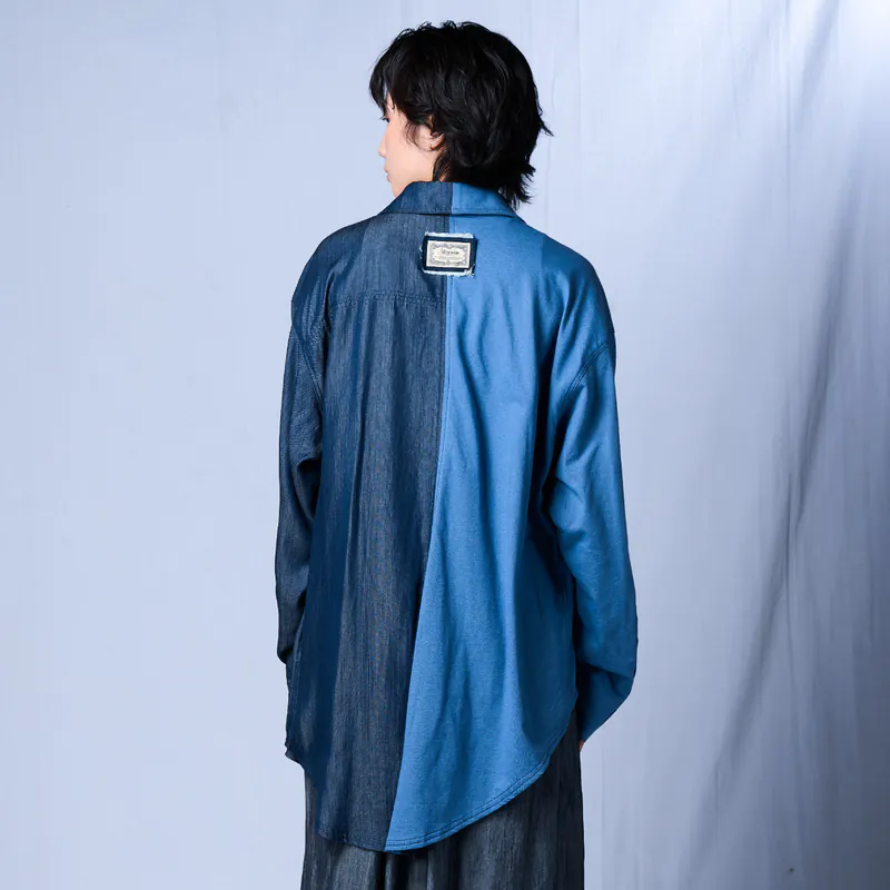 STORYWEAR-雙色拼接不對稱長版襯衫(L)