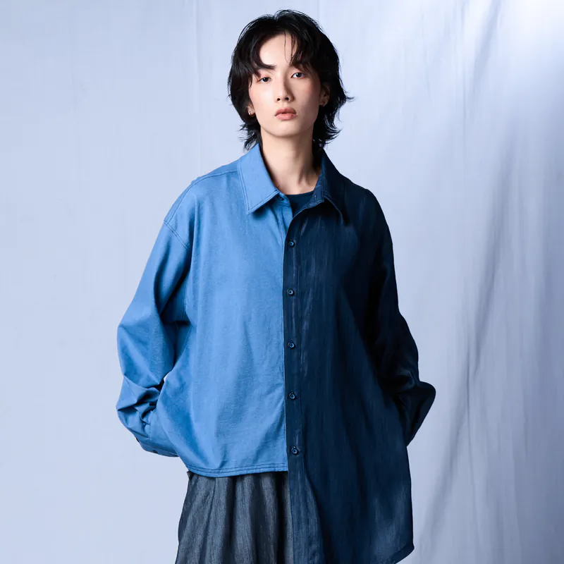 Storywear-雙色拼接不對稱長版襯衫(L)
