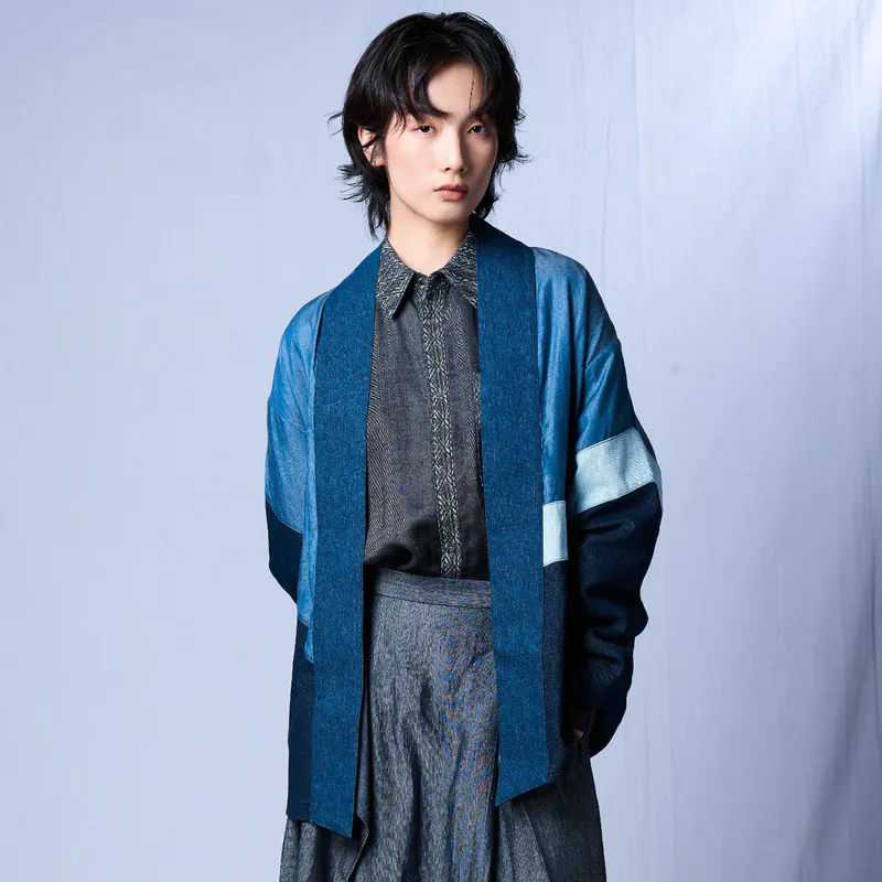 Storywear-KIMONO格紋撞色運動款(淺藍細格布)