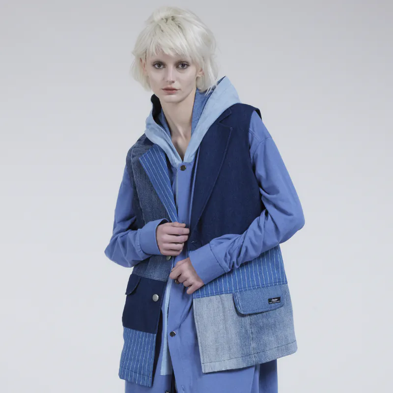 STORYWEAR-手工丹寧6格拼接背心_條紋