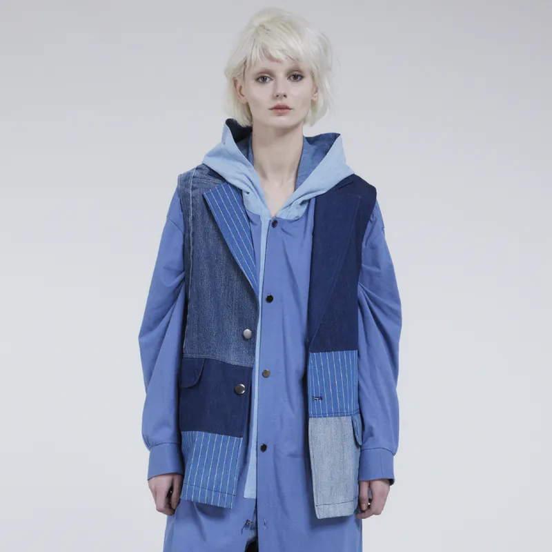 Storywear-手工丹寧6格拼接背心_條紋